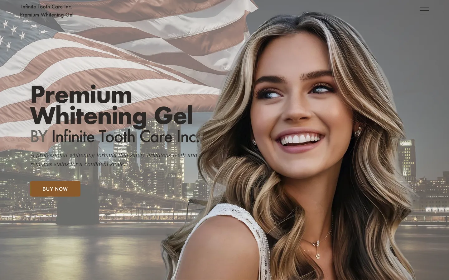 Infinite Tooth Care のネットショップのトップページ（パソコン表示）。「Premium Whitening Gel」の見出しと「BUY NOW」のボタン。